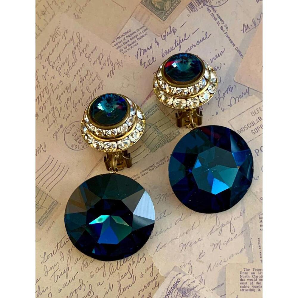 Vintage Massive Sapphire Blue Crystal Drop Earrings Clear Rhinestone Clip-Ons - Picture 2 of 6